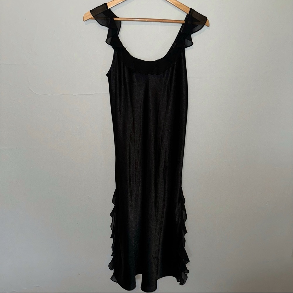 Oscar De La Renta Vintage Ruffle Chiffon Mermaid Silky Slip Midi Dress Slit Leg